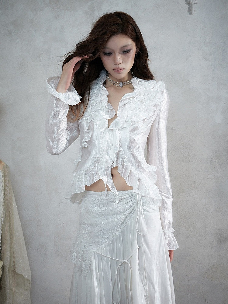 Shimmery White Ruffle Decorated Long Sleeve Blouse with Tie-Back Waist Cinch - NO ROMANCE