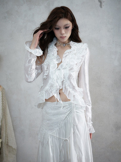 Shimmery White Ruffle Decorated Long Sleeve Blouse with Tie-Back Waist Cinch - NO ROMANCE