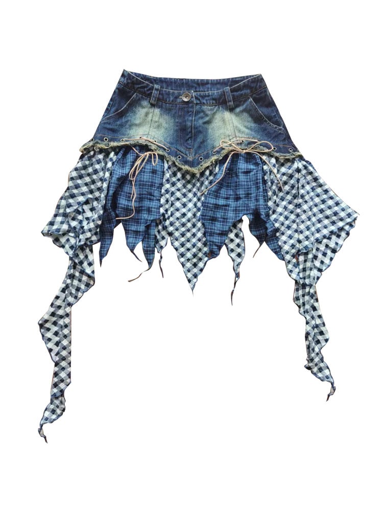 Punk Denim Patchwork Skirt with Lace-Up  Plaid Asymmetrical Hem Blue