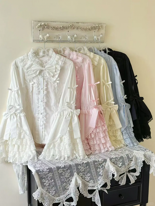 Plus Size White Black Pink Blue Apricot Lolita Bell Sleeve Blouse - Versatile girl
