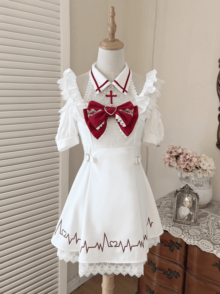 White Print Dress Lace Kawaii and Embroidered Skirt with Red Cross Shoulders Cutout Yami Heartbeat Halter