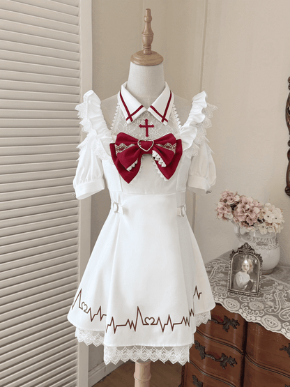 White Print Dress Lace Kawaii and Embroidered Skirt with Red Cross Shoulders Cutout Yami Heartbeat Halter