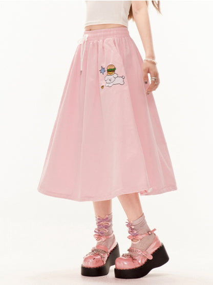 スカート Aライン ピンク ドローストリングウエスト かわいい子犬の刺繍