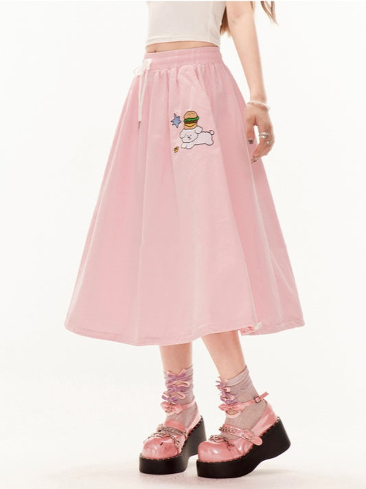 スカート Aライン ピンク ドローストリングウエスト かわいい子犬の刺繍