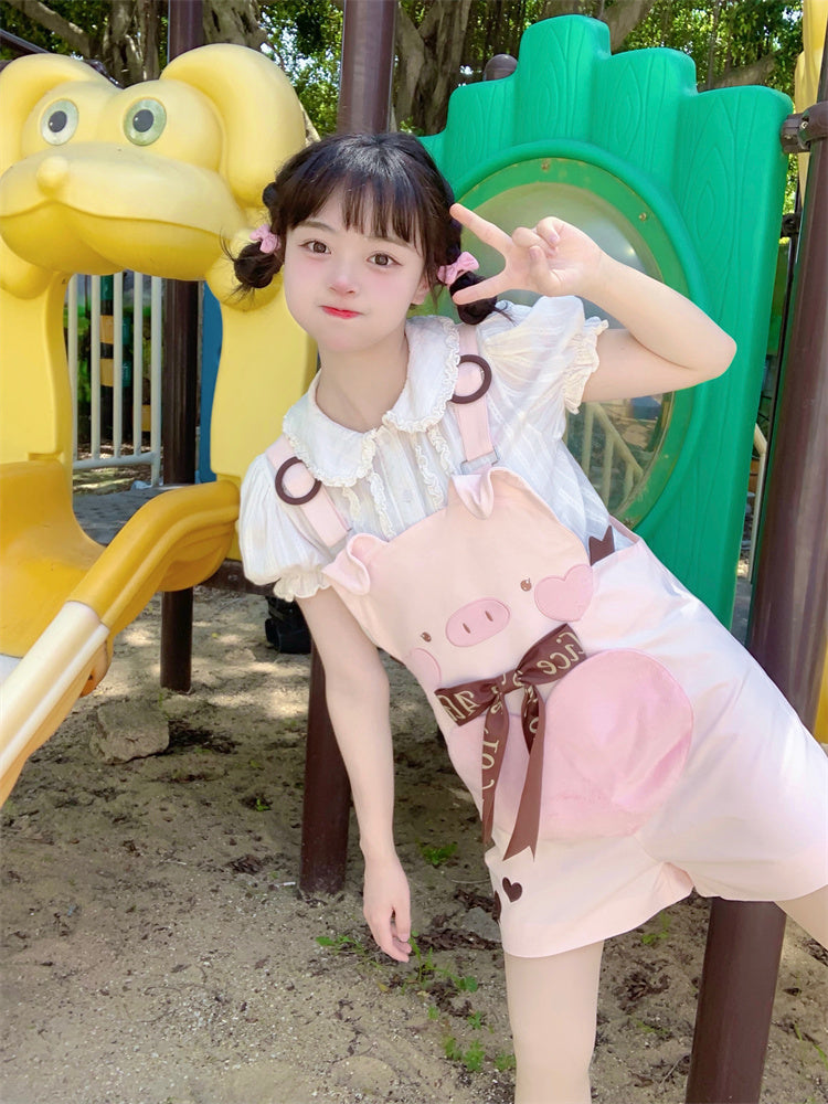 Adorable Piggy Pattern Bubble Shorts Overalls Pink