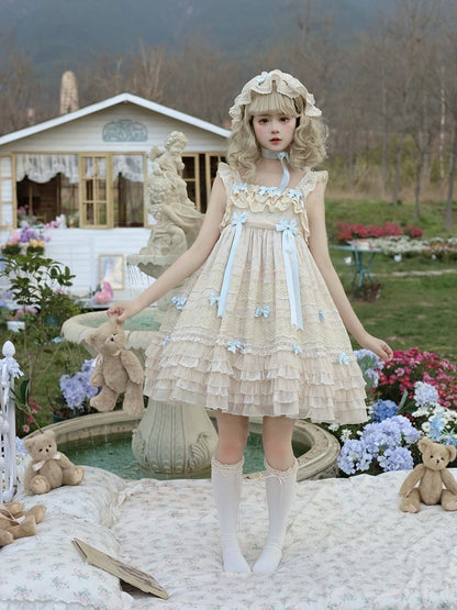 with Layered Dress Blue Accents Sweet Lolita Bow and Ruffles Sleeves Apricot Flutter