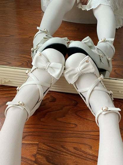 with Sweet Leather Jane PU Lolita White Snap Mid-heel Mary Shoes Round
