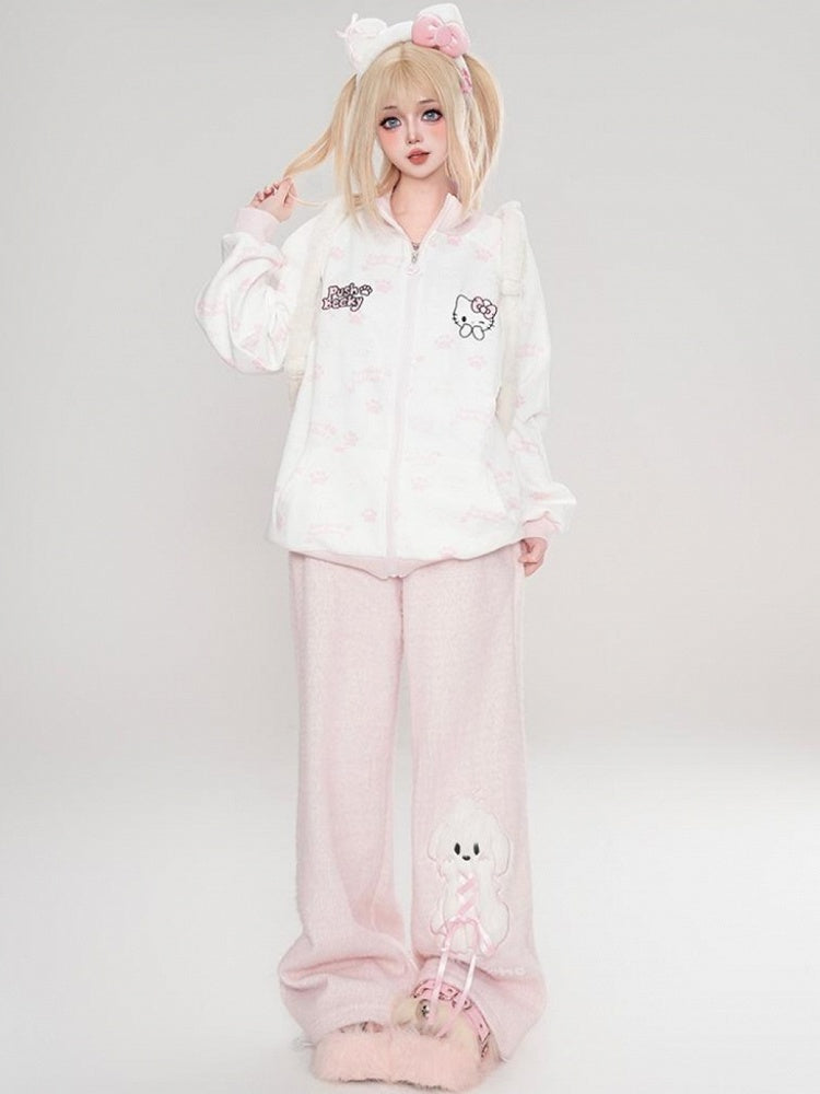 Schwarz/Rosa/Hellblauer Kapuzenpullover mit Kätzchen-Allover-Print