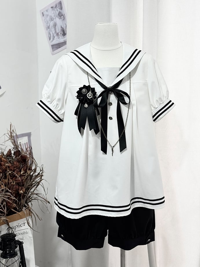 and Sailor Collar Black Shirt White Shorts Sleeves Short