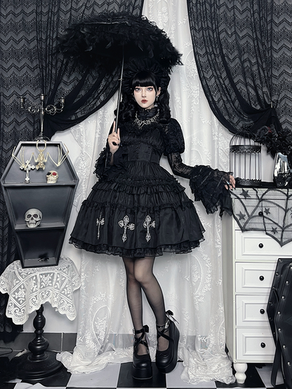 Kuro Black Cross Print Lace Trim Gothic Lolita Puffy Dress Jumper Skirt