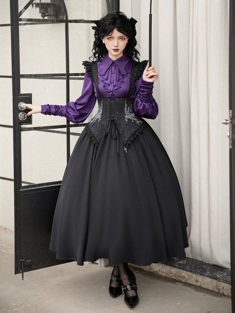 Black Under Bust Boned High Wast Gothic Lolita Skirt with Detachable Straps Long Version
