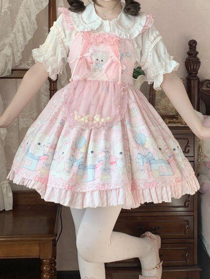 Weiße und rosa Bluse mit rundem, flachem Kragen und kurzen Ärmeln