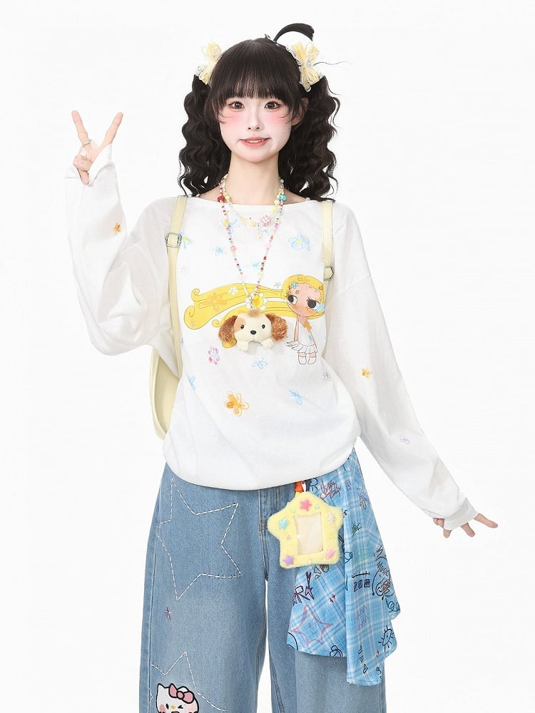 White Breathable Long Sleeve Top with Cartoon Girl Print - Languid Park