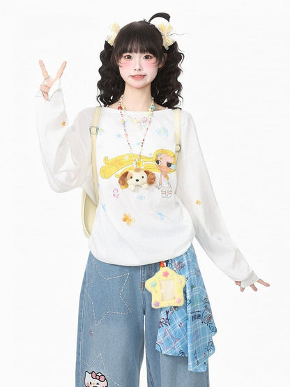 White Breathable Long Sleeve Top with Cartoon Girl Print - Languid Park