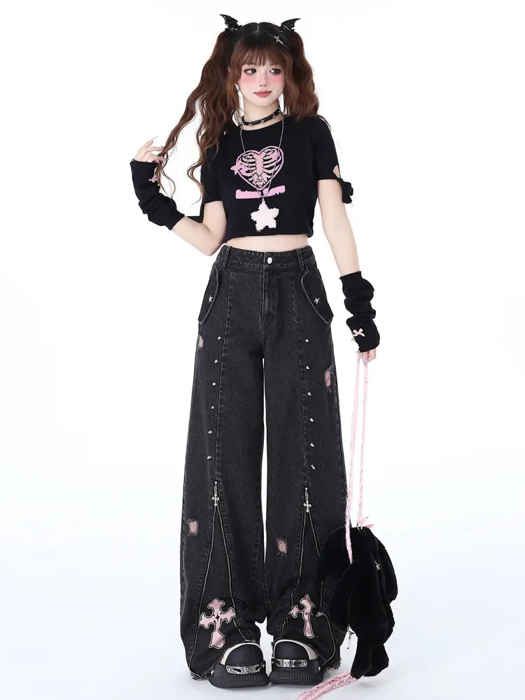 Nieten High Waist Schwarz Detail Punk Jeans Reißverschlüsse Design