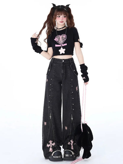 Nieten High Waist Schwarz Detail Punk Jeans Reißverschlüsse Design