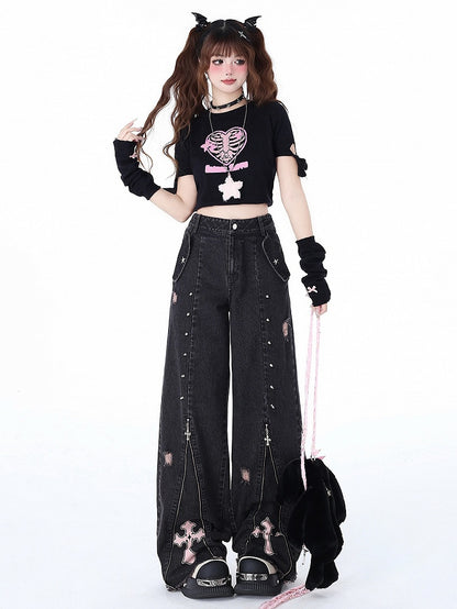 Black Punk Zip Jeans with Studs Detail - CRAZY GIRL