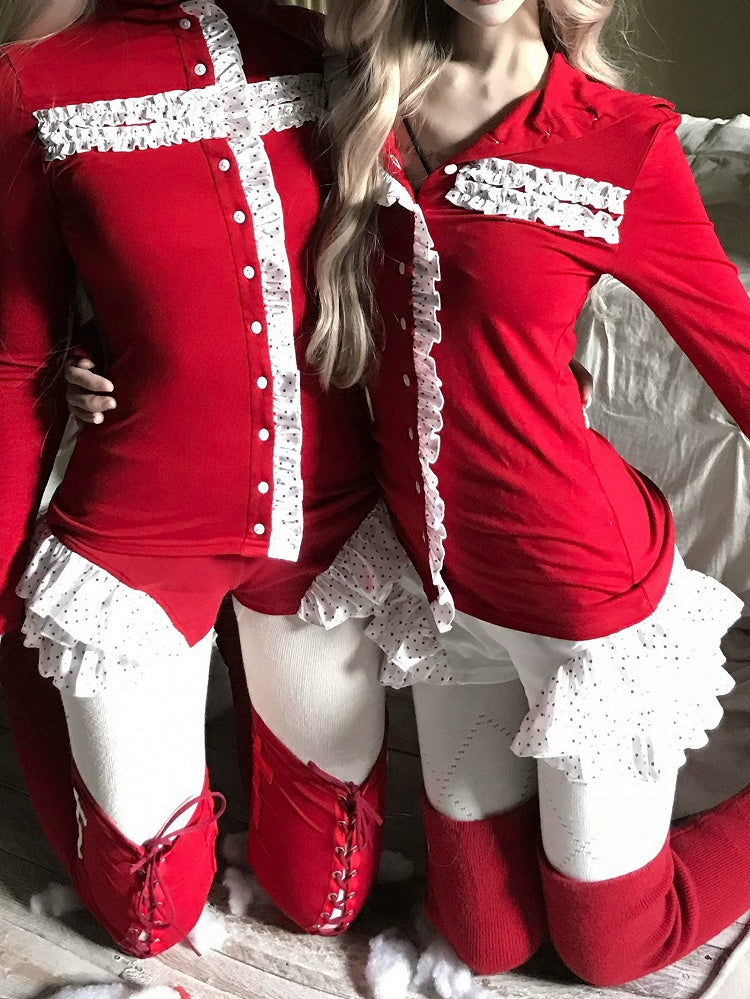 Red/White Ruffles Dot Tiered Shorts Polka with Trim Christmas Gothic