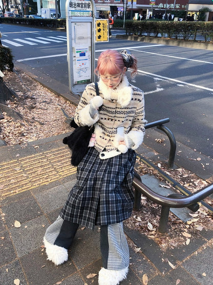 Accents BlackGray/BrownYellow Plaid Patch Plush Thigh-High and Wool Slit Skirt with Midi