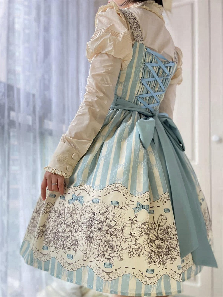 Clock Print and Short Blue Version Lolita Classic Floral Skirt Jumper