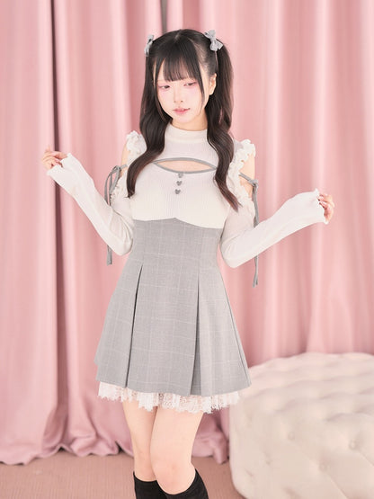 White Cut-Out Shoulder Knit Plaid Dress with Lace Trim - No Genki