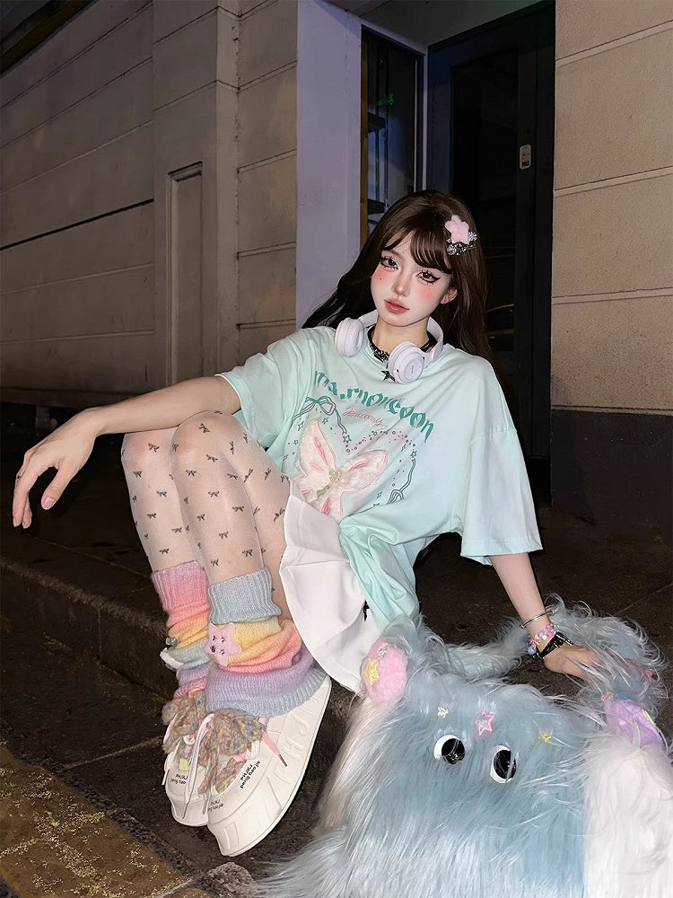 and Lettering Print Butterfly Green T-Shirt with Soft-Textured Oversized Mint Embroidery