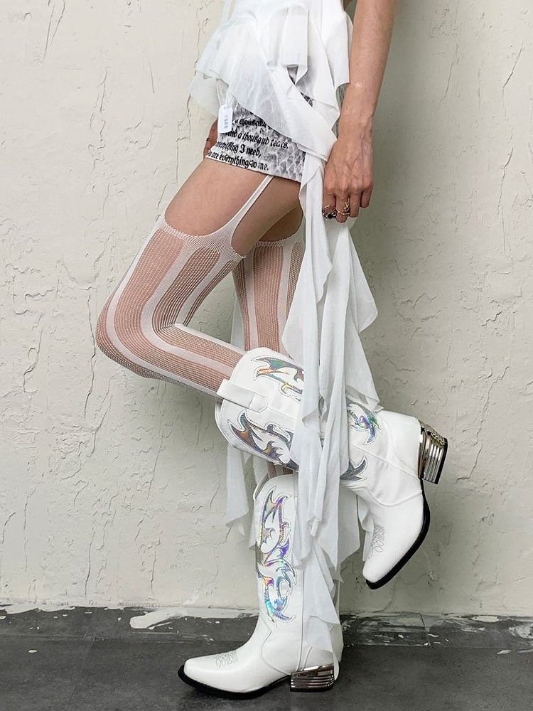 Tights Pattern Y2K White/Black Striped Suspender Fishnet