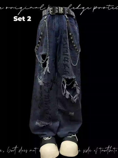 Raw Hem Punk Jeans Blau Distressed Holes