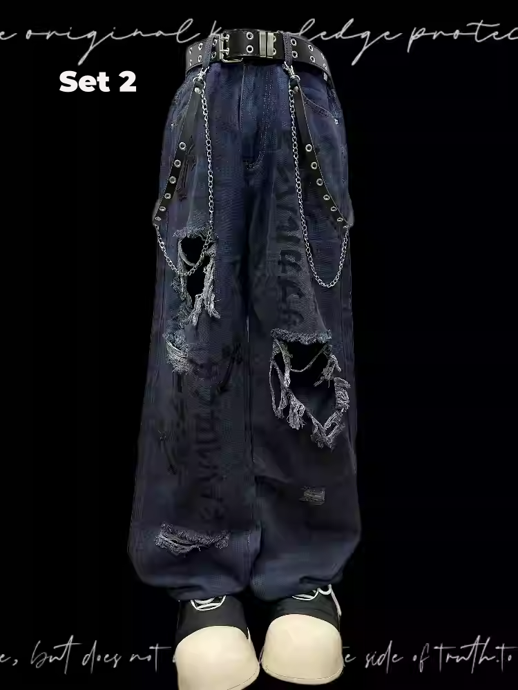 Raw Hem Blue Distressed Holes Jeans Punk