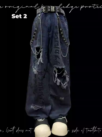 Raw Hem Blue Distressed Holes Jeans Punk