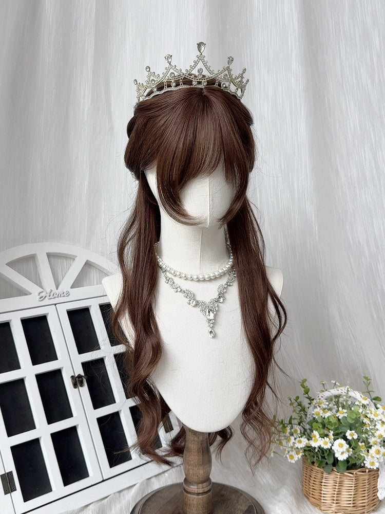 Chocolate Brown 76cm Wavy Curly Wig with Side-Swept Bangs and Braided Detail - Sleepy Fish