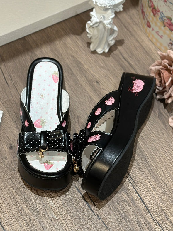 Plattform Erdbeere Top Schwarz Print Hausschuhe Schleife Lolita Wa bei