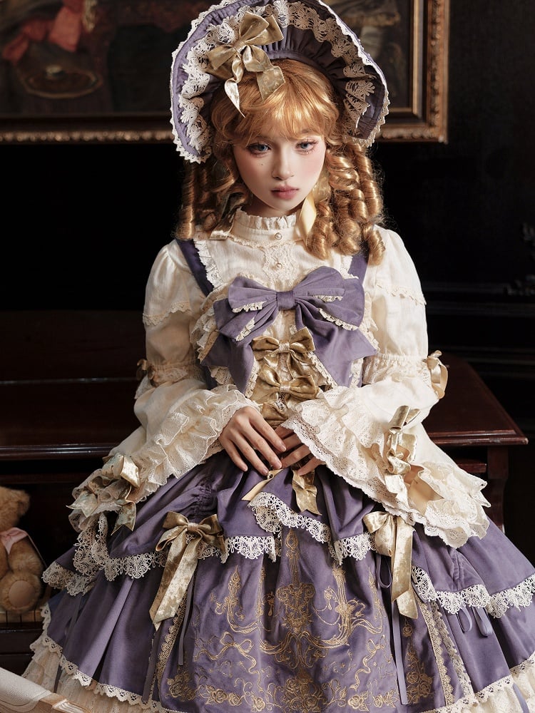 Long Gold Sleeves Beige Pink Black Bows Decorated Red /