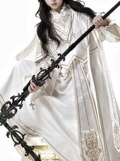 White Gold Long Sleeve Gothic Lolita Dress Coat Cross Accents - Xiong Dou Jiang