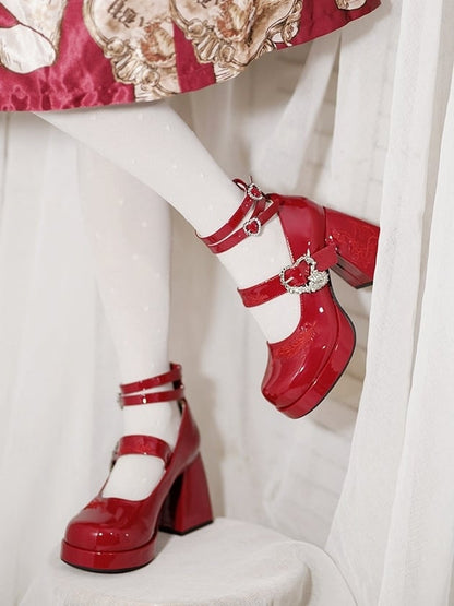 High-heel Buckle in Red 9cm Shoes Lolita Polished Elegant Heart-shaped Heeled with
