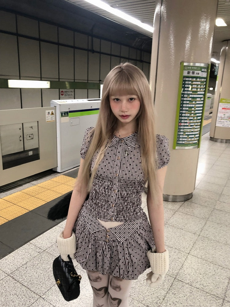 Pattern Collar Floral with Blouse Puff Short Plaid Sleeve Peter Pan