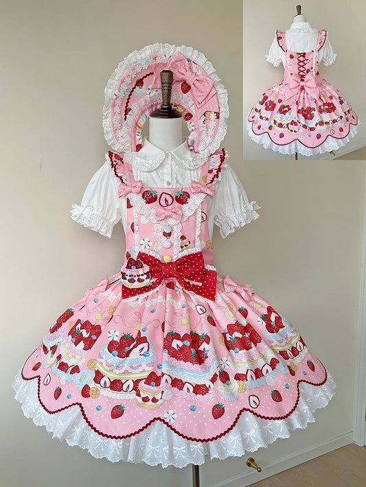 und süßer Dessert-Overall, rosa Lolita-Erdbeerkleid-Print