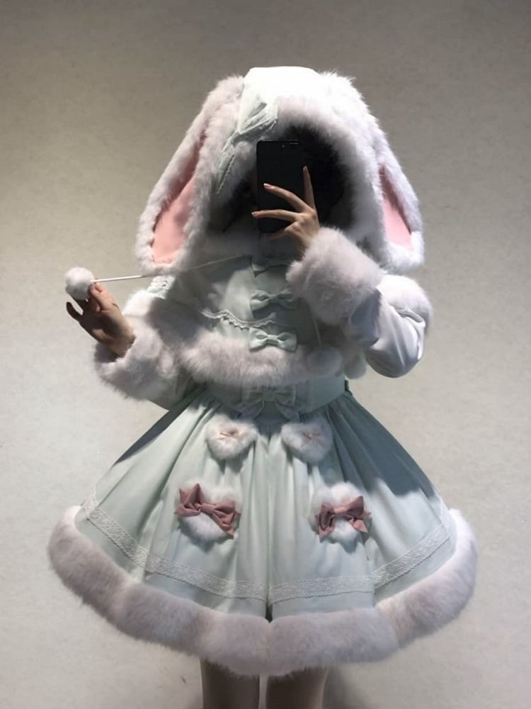 White Green Ears Mint Winter with Trimming Bunny Plush Hooded Cape