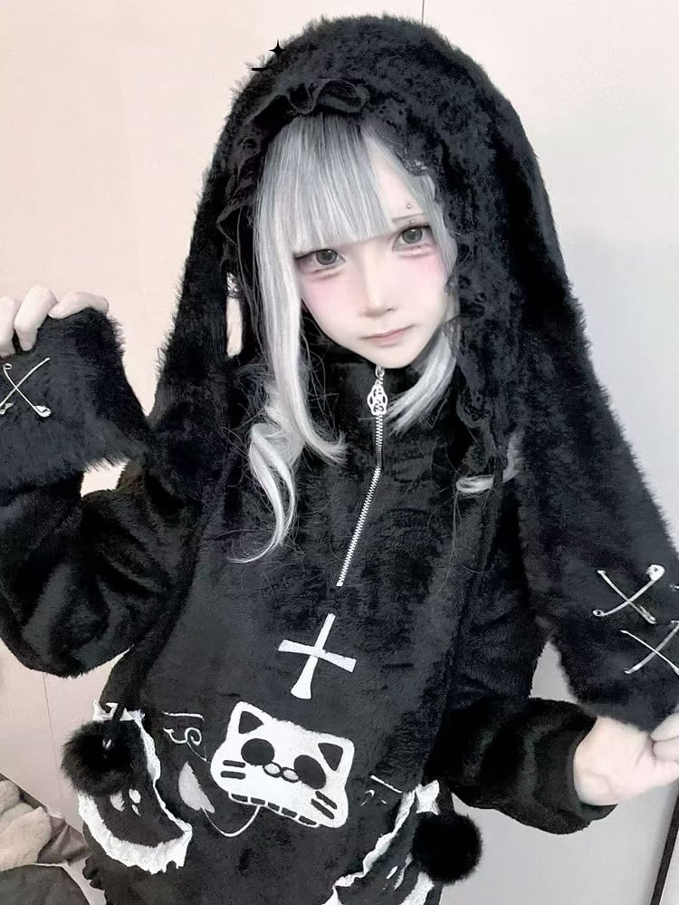 Black Bunny Ears Plush Hat with Self-tie Pompon Straps and Pin Details