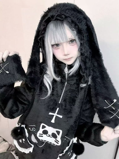 Black Bunny Ears Plush Hat with Self-tie Pompon Straps and Pin Details