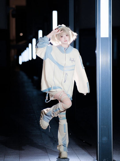 Style Techwear - Embroidery Futuristic Hooded in Bar Jacket White Landmine Colorblock with Loading Blue Kaiwai Tenshi