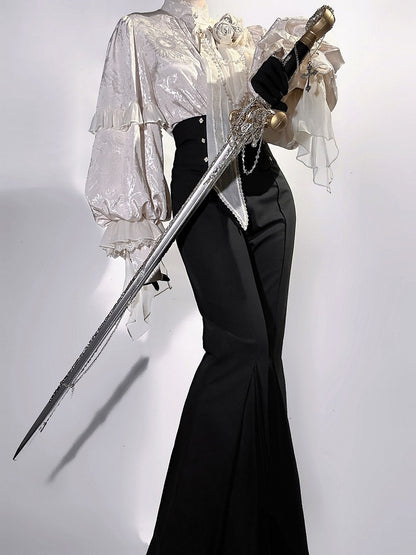 Beige Long Sleeves Jacquard Ouji Style Shirt with Rose and Bead Chains + Black High Waisted Flared Pants Set - Unknown Star