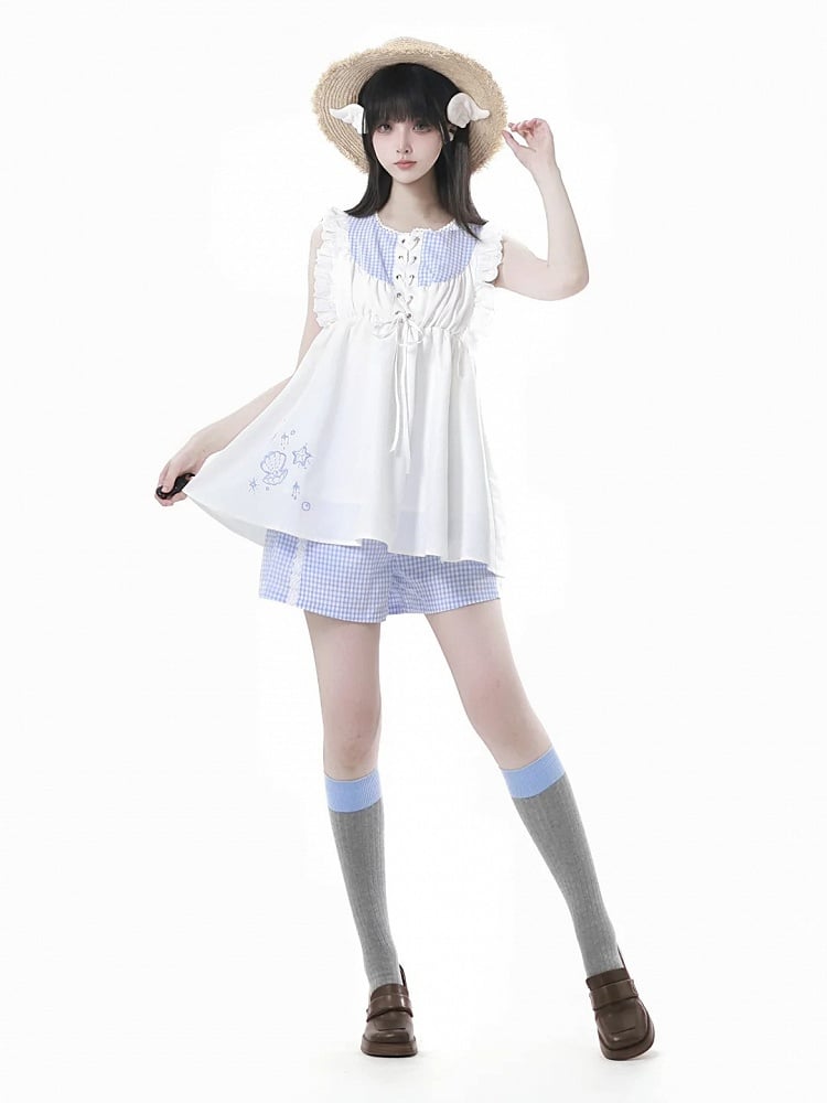 Shorts Blue Waist Elastic Plaid