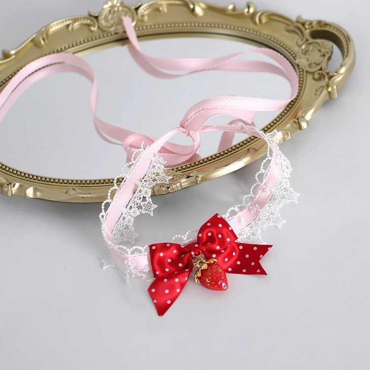Dot Lace Strawberry - Choker Lolita Bow Polka 4-Color Design