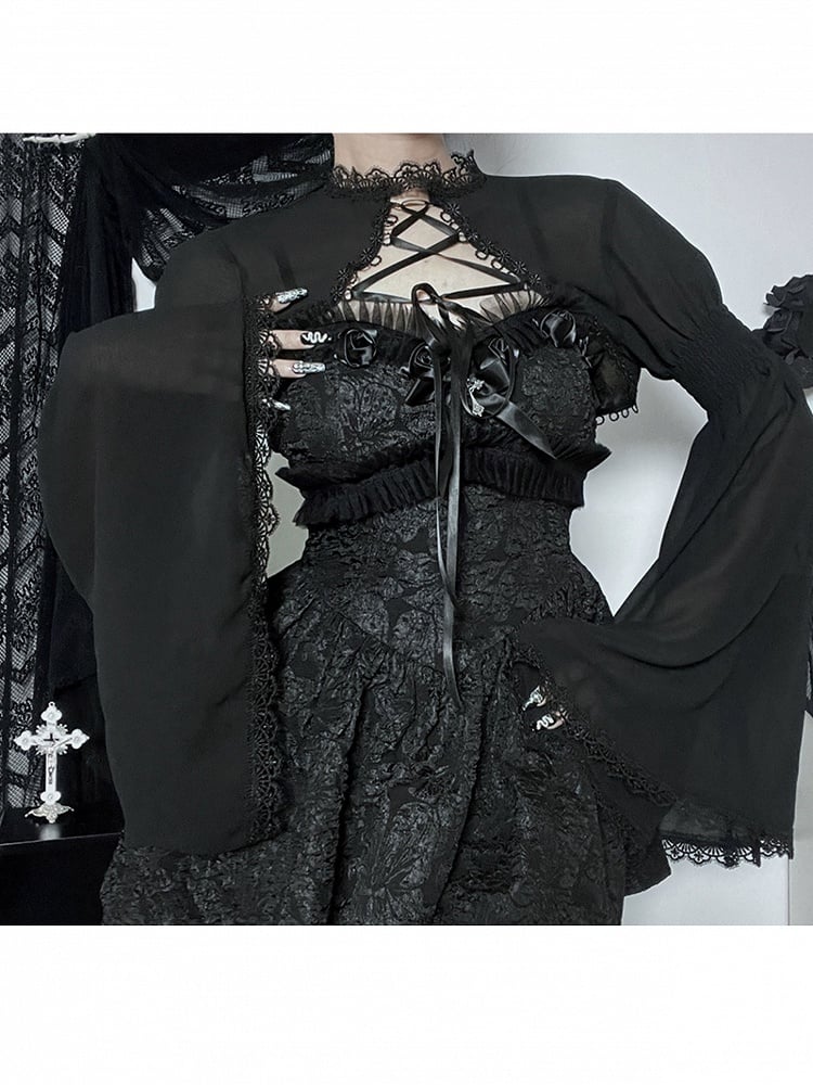 Shrug with Black Crisscross Gothic Sleeves Bell Lace-Up Halloween