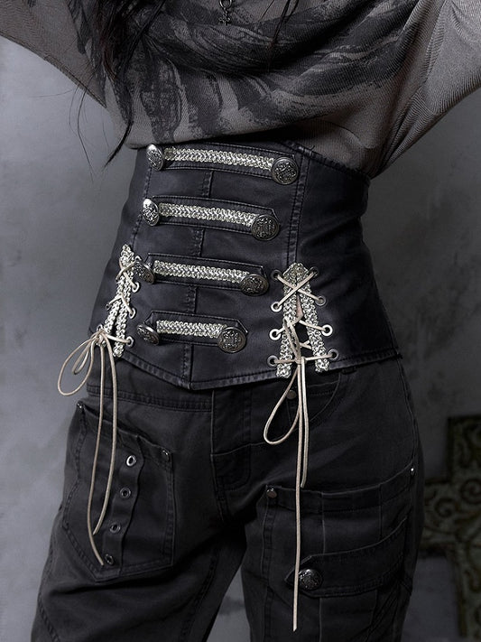 Washed Vintage Belt Lacing Triple Buckle Side Rhinestone Corset with Punk Black