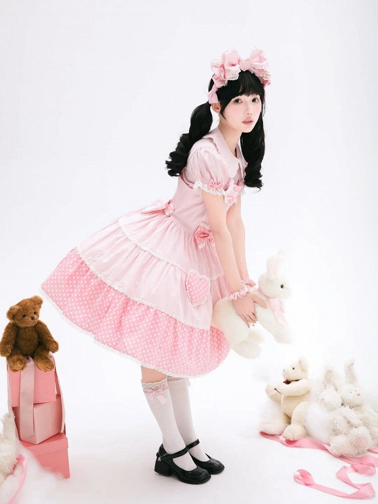 Baumwolle Alt Polka Pink Dots Schulkleid Lolita Weiß