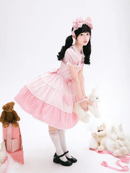 Baumwolle Alt Polka Pink Dots Schulkleid Lolita Weiß