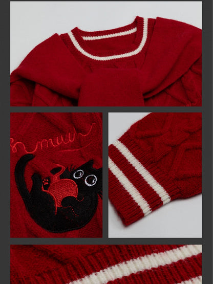 Red Kitty Embroidery Scarf Round Neck Christmas Sweater