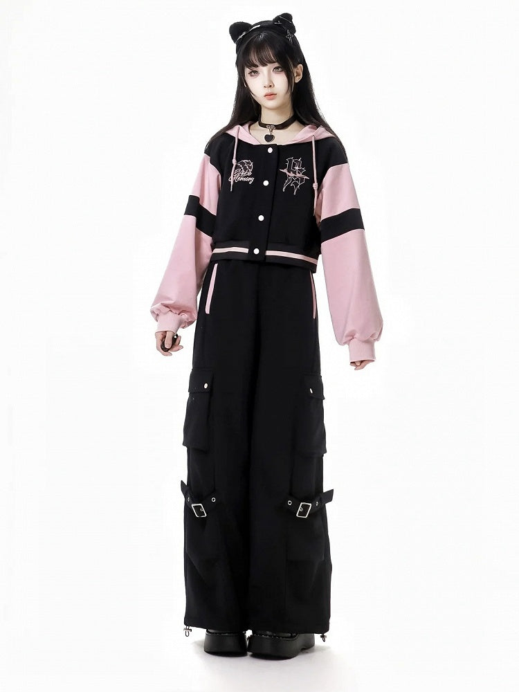 Schwarze und rosa Baseballjacke mit Kapuze, kurze/lange Version